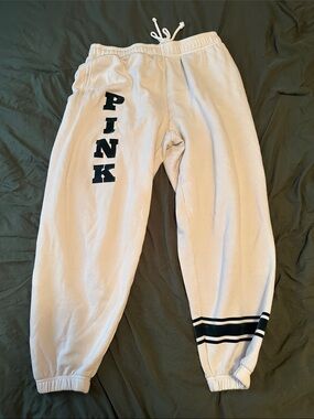 PINK Victoria's Secret Cream Sweatpants with dark green Logo & Stripes